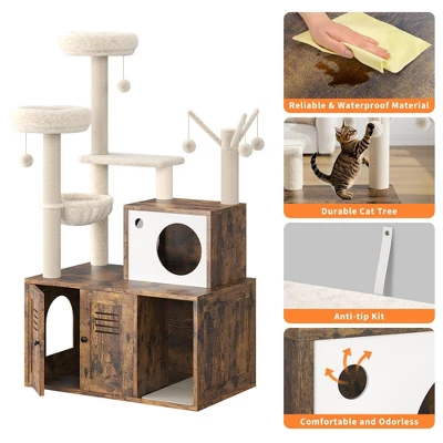Cat Tree With Litter Box Enclosure, Wooden Cat Condo With Platform, Hammock, Pompoms, Scratching Posts, All-in-One Cat Furniture 7 Cat Tree With Litter Box Enclosure, Wooden Cat Condo With Platform, Hammock, Pompoms, Scratching Posts, All-in-One Cat Furniture - Image 5