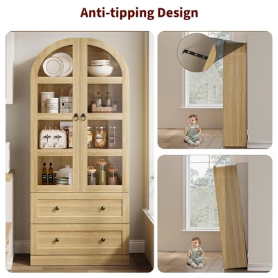 72" Tall Arched Kitchen Pantry Cabinet, Farmhouse Pantry Storage Cabinet With 2 Drawers & Glass Door, Freestanding Versatile Pantry Cabinets 11 72" Tall Arched Kitchen Pantry Cabinet, Farmhouse Pantry Storage Cabinet With 2 Drawers & Glass Door, Freestanding Versatile Pantry Cabinets - Image 9