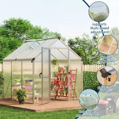 6x6FT Walk In Polycarbonate Greenhouses With Enhanced Aluminum Frame And Roof Vent For Outdoors And Seasons Garden Planting Silver 4 6x6FT Walk In Polycarbonate Greenhouses With Enhanced Aluminum Frame And Roof Vent For Outdoors And Seasons Garden Planting Silver - Image 2