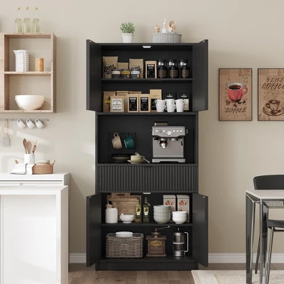 Kitchen Pantry Cabinet, 70" Tall Pantry Storage Cabinet With Countertop, Fluted Tall Cabinets With Doors And Drawer, Freestanding Cupboard 5 Kitchen Pantry Cabinet, 70" Tall Pantry Storage Cabinet With Countertop, Fluted Tall Cabinets With Doors And Drawer, Freestanding Cupboard - Image 3