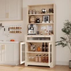 62'' Kitchen Pantry Cabinet With Drawer And Double Glass Doors, Wooden Cabinet With Open Shelves And Countertop -House Beautiful GUEST 43678a1f ee96 4aa7 9609 1c65108dd8cf