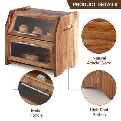Double Layer Bread Box – Acacia Wood Bread Bin With Clear Acrylic Door & Air Vents, Rustic Countertop Bread 5 Double Layer Bread Box – Acacia Wood Bread Bin With Clear Acrylic Door & Air Vents, Rustic Countertop Bread - Image 3
