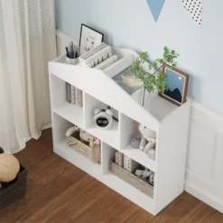 Toy Storage Organizer 5-Cubby Kids Bookshelf, White Wooden Bookcase With Roof Design, Playhouse Cabinet Shelf For Boys And Girls 13 Toy Storage Organizer 5-Cubby Kids Bookshelf, White Wooden Bookcase With Roof Design, Playhouse Cabinet Shelf For Boys And Girls -House Beautiful GUEST 44d4e1b9 57ec 4c67 af76 41cac97699ed
