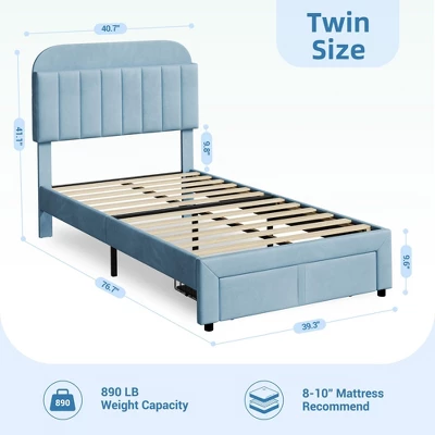 Kids Bed Frame,Twin Kids Bed Frame With Bookcase Headboard, Velvet Upholstered Platform Bed Frame With Under-Bed Drawer 3 Kids Bed Frame,Twin Kids Bed Frame With Bookcase Headboard, Velvet Upholstered Platform Bed Frame With Under-Bed Drawer
