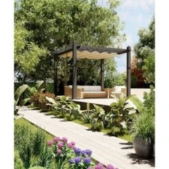 10x10ft Outdoor Aluminum Pergola With Retractable UV Canopy Water Resistant Gray Frame Blue Curtains -House Beautiful GUEST 45f8de46 cf48 406c 9ab3 38f8ddc34894