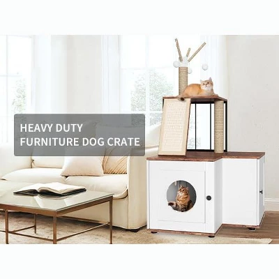 Cat Litter Box Enclosure With Scratching Post, Hanging Balls, 2-in-1 L-Shaped Corner Cat Litterbox With Storage Cabinet 4 Cat Litter Box Enclosure With Scratching Post, Hanging Balls, 2-in-1 L-Shaped Corner Cat Litterbox With Storage Cabinet - Image 2