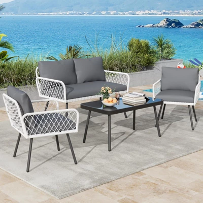 Jojoka 4-Piece Outdoor Sofa Set With Loveseat, Wicker Chairs & Coffee Table For Patio, Balcony, Backyard, Garden, Black 5 Jojoka 4-Piece Outdoor Sofa Set With Loveseat, Wicker Chairs & Coffee Table For Patio, Balcony, Backyard, Garden, Black - Image 3