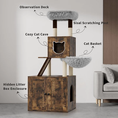 Cat Tree With Hidden Litter Box Enclosure, 2-in-1 Modern Cat Tower Condo With Sisal Scratching Posts Plush Perch Ventilated Design 3 Cat Tree With Hidden Litter Box Enclosure, 2-in-1 Modern Cat Tower Condo With Sisal Scratching Posts Plush Perch Ventilated Design