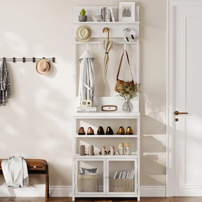 Coat Rack Shoe Storage 72.8in White Hall Tree With Doors Narrow Coat Tree Shoe Shelf Organizer 4 Coat Rack Shoe Storage 72.8in White Hall Tree With Doors Narrow Coat Tree Shoe Shelf Organizer - Image 2