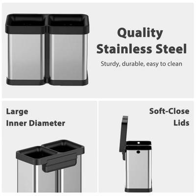2×5.3 Gallon (20L) Dual Compartment Open Top Trash Can, Fingerprint Proof Brushed Stainless Steel, Anti-Slip Base, Garbage Bag Fixing Holes, Silver 4 2×5.3 Gallon (20L) Dual Compartment Open Top Trash Can, Fingerprint Proof Brushed Stainless Steel, Anti-Slip Base, Garbage Bag Fixing Holes, Silver - Image 2