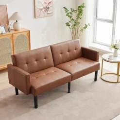 Modern Mid-Century Futon Sofa Bed – Compact 3-Seater Convertible Sleeper Loveseat With Chevron Tufting & Tapered Legs, Brown -House Beautiful GUEST 4877b0ef 235f 43ac b82a b88b0ce4f3b5