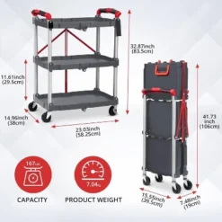 3 Tier Portable Collapsible Service Cart, Foldable Rolling Utility Cart With 360¡ã Swivel Wheels, 2 Brakes, For Home Office Garage, Grey