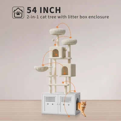 Litter Box Enclosure With Cat Tree Tower And Condo, Hidden Cat Washroom Furniture With Sisal Scratching Post 3 Litter Box Enclosure With Cat Tree Tower And Condo, Hidden Cat Washroom Furniture With Sisal Scratching Post