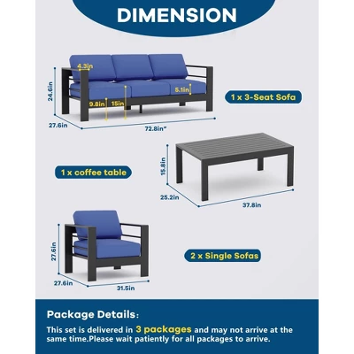 4-Piece Outdoor Patio Sofa Set With Aluminum Frame, Removable Cushions And Coffee Table For Backyard And Porch 3 4-Piece Outdoor Patio Sofa Set With Aluminum Frame, Removable Cushions And Coffee Table For Backyard And Porch