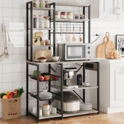 Bakers Rack With Power Outlet, 7-Tier Microwave Stand With Wire Basket, Coffee Bar With 4 S-Shaped Hooks 19 Bakers Rack With Power Outlet, 7-Tier Microwave Stand With Wire Basket, Coffee Bar With 4 S-Shaped Hooks -House Beautiful GUEST 4ca0cc01 baf3 4a43 af4c 4ebe24db33c5