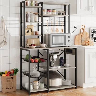 Bakers Rack With Power Outlet, 7-Tier Microwave Stand With Wire Basket, Coffee Bar With 4 S-Shaped Hooks 11 Bakers Rack With Power Outlet, 7-Tier Microwave Stand With Wire Basket, Coffee Bar With 4 S-Shaped Hooks - Image 9