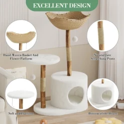 Modern Cat Tree With Natural Solid Wood Scratching Post, 110cm Multi-Layer Cats Tower