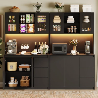 71" Kitchen Pantry Cabinet, Kitchen Hutch Storage With Led Lights And Power Outlets, Buffet Cabinet With Microwave Stand, Adjustable Shelves 4 71" Kitchen Pantry Cabinet, Kitchen Hutch Storage With Led Lights And Power Outlets, Buffet Cabinet With Microwave Stand, Adjustable Shelves - Image 2
