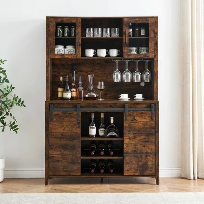 70" Farmhouse Coffee Bar Wine Cabinet With Sliding Barn Doors And Storage, Tall Kitchen Hutch With Wine & Glasses Rack 9 70" Farmhouse Coffee Bar Wine Cabinet With Sliding Barn Doors And Storage, Tall Kitchen Hutch With Wine & Glasses Rack - Image 7