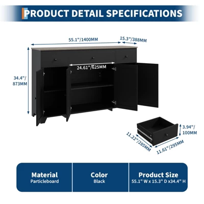 55 Large Sideboard Buffet Cabinet With 3 Drawers & Doors Farmhouse Kitchen Storage Cabinet Console Table Coffee Bar Buffet Table With Adjustable Shelf 3 55 Large Sideboard Buffet Cabinet With 3 Drawers & Doors Farmhouse Kitchen Storage Cabinet Console Table Coffee Bar Buffet Table With Adjustable Shelf