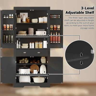 Kitchen Pantry Cabinet, 72" High Freestanding Tall Storage Cabinet With 6 Door Shelves, 2 Cabinets, 4 Adjustable Shelves And 1 Drawer 7 Kitchen Pantry Cabinet, 72" High Freestanding Tall Storage Cabinet With 6 Door Shelves, 2 Cabinets, 4 Adjustable Shelves And 1 Drawer - Image 5