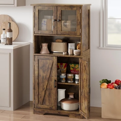 Kitchen Pantry Cabinets With Glass Doors And Adjustable Shelves, 54in Tall Freestanding Wooden Cupboard With Hutch 10 Kitchen Pantry Cabinets With Glass Doors And Adjustable Shelves, 54in Tall Freestanding Wooden Cupboard With Hutch - Image 8