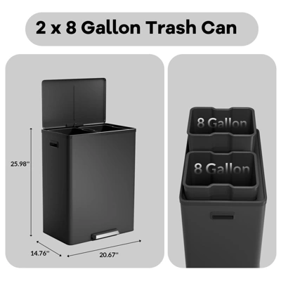 60 Liter 16 Gallon Step On Dual Compartment Trash Can, Soft Close Lid Stainless Steel, Hands Free, White For Kitchen & Home 5 60 Liter 16 Gallon Step On Dual Compartment Trash Can, Soft Close Lid Stainless Steel, Hands Free, White For Kitchen & Home - Image 3