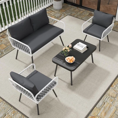 Jojoka 4-Piece Outdoor Sofa Set With Loveseat, Wicker Chairs & Coffee Table For Patio, Balcony, Backyard, Garden, Black 4 Jojoka 4-Piece Outdoor Sofa Set With Loveseat, Wicker Chairs & Coffee Table For Patio, Balcony, Backyard, Garden, Black - Image 2