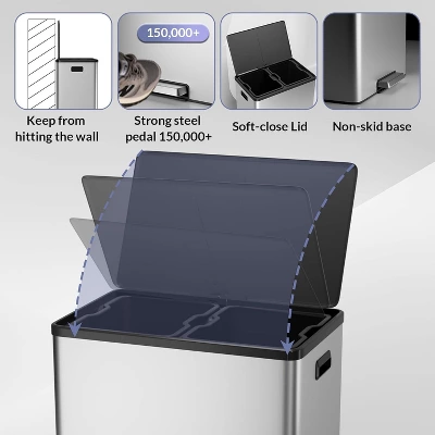 60L 16 Gallon Step Dual Trash Can With Lid, Large Stainless Steel Double Recycling Bin 4 60L 16 Gallon Step Dual Trash Can With Lid, Large Stainless Steel Double Recycling Bin - Image 2