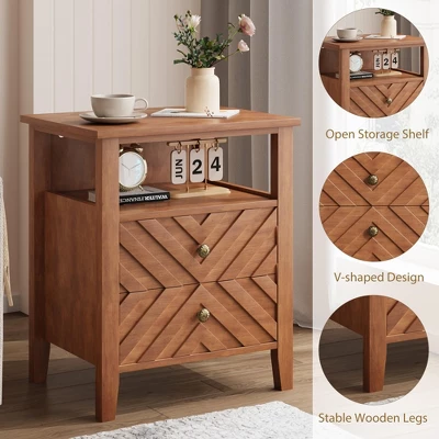 LED Night Stand With 2 Storage Drawers And Stable Wooden Legs, Farmhouse Nightstand W/V-Shaped Design & Open Storage Shelf 4 LED Night Stand With 2 Storage Drawers And Stable Wooden Legs, Farmhouse Nightstand W/V-Shaped Design & Open Storage Shelf - Image 2