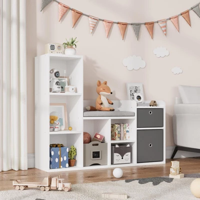Toy Storage Organizer With Reading Nook, 44.1" Wide Kids Bookshelf, 6-Cubby Bookcase Bench W/ Seat Cushion & 2 Drawers For Nursery, Playroom, Bedroom 5 Toy Storage Organizer With Reading Nook, 44.1" Wide Kids Bookshelf, 6-Cubby Bookcase Bench W/ Seat Cushion & 2 Drawers For Nursery, Playroom, Bedroom - Image 3