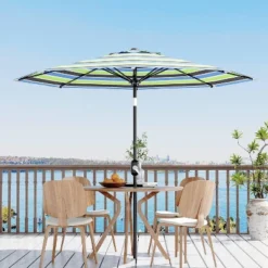 9ft Patio Umbrella, Outdoor Table, UV, Fade, Water Resistant, Crank Lift, Tilt, 8 Ribs, Metal Frame, Tricolor Stripe 13 9ft Patio Umbrella, Outdoor Table, UV, Fade, Water Resistant, Crank Lift, Tilt, 8 Ribs, Metal Frame, Tricolor Stripe -House Beautiful GUEST 543137f0 df05 4628 ba03 f29830e7df2e