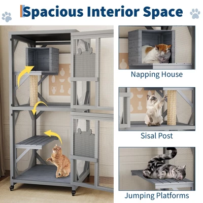 Jojoka Pet 4-Tier Wood Catio Outdoor Window Cat Enclosure, Cat House On Wheels With Scratch Post, Resting Box, Platforms, Sliding Doors, Weatherproof 6 Jojoka Pet 4-Tier Wood Catio Outdoor Window Cat Enclosure, Cat House On Wheels With Scratch Post, Resting Box, Platforms, Sliding Doors, Weatherproof - Image 4