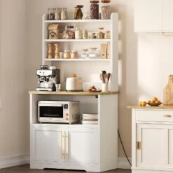 Microwave Stand Bakers Rack Cabinet, Farmhouse Bakers Rack With Power Outlet With Thickened Counter -House Beautiful GUEST 56366f98 e24e 4e69 b7a1 5c2a8b9e8bb6