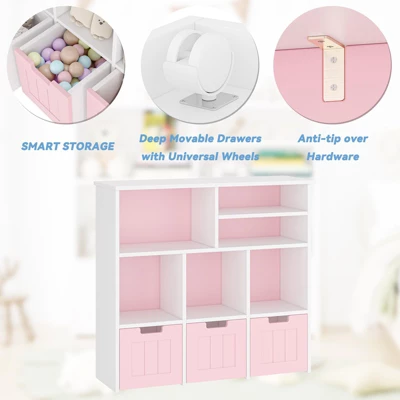 Kids Bookcase Toy Storage Organizer Toy Chest With 3 Movable Drawers & Hidden Wheels Toy Storage Cabinet 8 Kids Bookcase Toy Storage Organizer Toy Chest With 3 Movable Drawers & Hidden Wheels Toy Storage Cabinet - Image 6