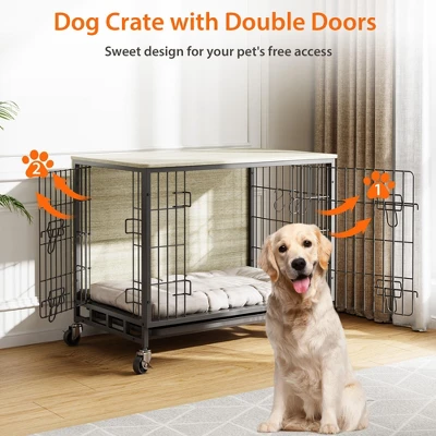 Dog Crate Furniture For Medium Dogs, 32.5" L X 21.9" W X 25.2" H Indoor Kennel With Double Doors, Wheels & Removable Tray 6 Dog Crate Furniture For Medium Dogs, 32.5" L X 21.9" W X 25.2" H Indoor Kennel With Double Doors, Wheels & Removable Tray - Image 4