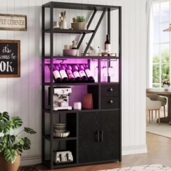 Wine Bar Cabinet With LED Lights, Tall Coffee Bar Station With Power Outlets And Wine Rack -House Beautiful GUEST 56c6258b 2935 4cdc a510 5e39c70a0d46