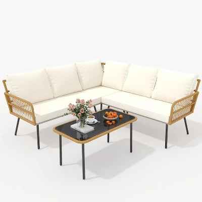 4 Pieces Outdoor Patio Furniture Set, All-Weather Wicker Rattan Sectional L-Shaped Set With Glass Top Coffee Table & Cushioned Chairs 8 4 Pieces Outdoor Patio Furniture Set, All-Weather Wicker Rattan Sectional L-Shaped Set With Glass Top Coffee Table & Cushioned Chairs - Image 6