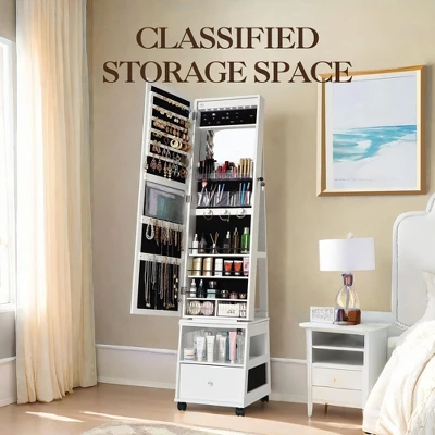 Jewelry Organizer Cabinet With Full-Length Mirror,360° Rotating Vanity Mirror,Large Jewelry Armoire With Led& Shelves 5 Jewelry Organizer Cabinet With Full-Length Mirror,360° Rotating Vanity Mirror,Large Jewelry Armoire With Led& Shelves - Image 3