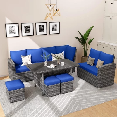 7-Piece Outdoor Wicker Sofa Set With Cushions And Glass Table, Sectional Patio Conversation Furniture For Backyard And Balcony, Grey And Blue 4 7-Piece Outdoor Wicker Sofa Set With Cushions And Glass Table, Sectional Patio Conversation Furniture For Backyard And Balcony, Grey And Blue - Image 2