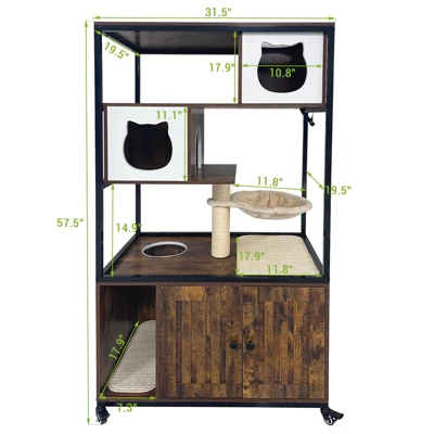 Cat Tree With Litter Box Enclosure 57.5''H Wooden Cat Tower Cabinet With Wheels 3 Cat Tree With Litter Box Enclosure 57.5''H Wooden Cat Tower Cabinet With Wheels