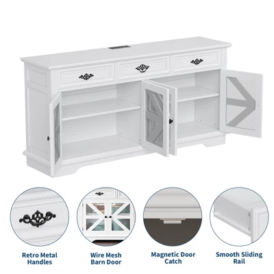 63" Buffet Cabinet, Coffee Bar Cabinet With 3 Drawers, Adjustable Shelves, Charging Station And 4 Mesh Barn Doors, Sideboard Storage Buffet Table 6 63" Buffet Cabinet, Coffee Bar Cabinet With 3 Drawers, Adjustable Shelves, Charging Station And 4 Mesh Barn Doors, Sideboard Storage Buffet Table - Image 4