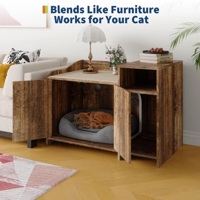 Modern Cat Litter Box Enclosure Furniture - Hidden Cabinet W/Storage, Dog-Proof Design & Double Doors, 33.9" Wooden End Table/Washroom 3 Modern Cat Litter Box Enclosure Furniture - Hidden Cabinet W/Storage, Dog-Proof Design & Double Doors, 33.9" Wooden End Table/Washroom