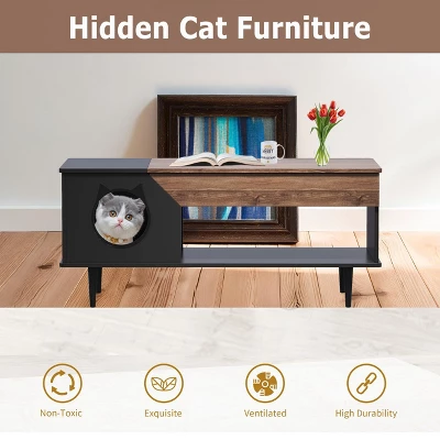 45'' Black Coffee Table Cat Tables Living Room With Storage Drawer, Wooden Rustic Coffee Tables With Cat House 4 45'' Black Coffee Table Cat Tables Living Room With Storage Drawer, Wooden Rustic Coffee Tables With Cat House - Image 2