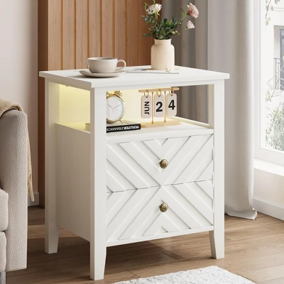 LED Night Stand With 2 Storage Drawers And Stable Wooden Legs, Farmhouse Nightstand W/V-Shaped Design & Open Storage Shelf 10 LED Night Stand With 2 Storage Drawers And Stable Wooden Legs, Farmhouse Nightstand W/V-Shaped Design & Open Storage Shelf - Image 8
