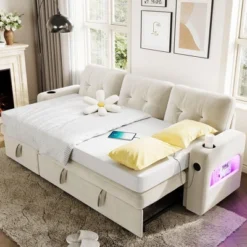 84" L-Shaped Sleeper Sofa Couch, Convertible Pull-Out Sofa Bed With Storage Chaise, Charging Station & LED Lights -House Beautiful GUEST 599e43cd 959a 4f51 99a5 e5d4f6ea613e