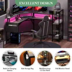 61 Inch L-Shaped Gaming Desk, Ergonomic Computer Desk, With 5-Tier Shelves, LED, Power Outlet & Storage Bag 17 61 Inch L-Shaped Gaming Desk, Ergonomic Computer Desk, With 5-Tier Shelves, LED, Power Outlet & Storage Bag -House Beautiful GUEST 59b691f0 b805 4ec5 93e2 7d56ed6db1a7