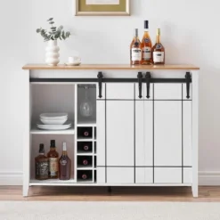 47" Coffee Bar Cabinet W/16 Wine & Glass Rack, Storage Shelves Farmhouse Wine Bar Sideboard W/Sliding Barn Door -House Beautiful GUEST 59e93133 8184 469c 9915 e0bc03452b13