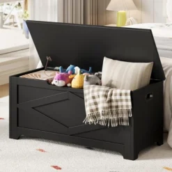 Jojoka 39.4" Storage Chest, Wooden Storage Bench With Safety Hinges, Easy Assembly, Large Toy Chest For Entryway