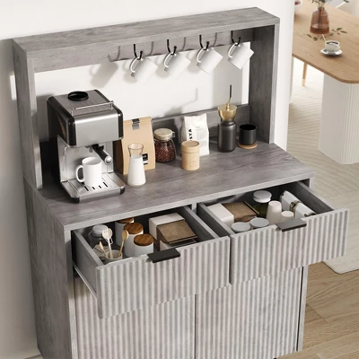 Fluted Sideboard Buffet Cabinet With Storage, Modern Coffee Bar Cabinet With Adjustable Shelves & 2 Drawers, Wood Buffet Console Table 6 Fluted Sideboard Buffet Cabinet With Storage, Modern Coffee Bar Cabinet With Adjustable Shelves & 2 Drawers, Wood Buffet Console Table - Image 4